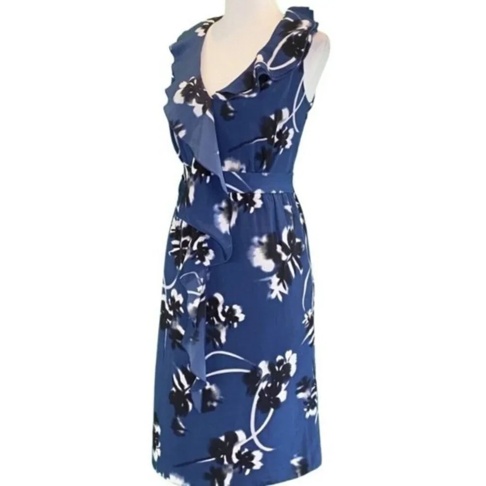 Tahari Sleeveless V-Neck Draped Ruffle Trim Blue Floral Chiffon Dress Size 8 - Picture 1 of 6